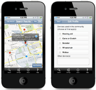 Mockups of possible screen interfaces
Screenshot of two mobile interface screens. One shows search results on a map with additional information about one of the results. The second shows part of the profile editing interface, specifically, a list of assistive technology devices. Both include navigation controls at the top and bottom of the screen.