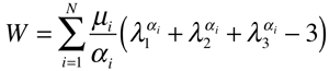 Equation 1 is Ogden's formulation for hyperelastic materials' stress and strain model.
Strain energy W is the summation of extension ratio on three axes, x, y and z. 
Each extension ratio lambda has superscript alpha. The alpha corresponds to Poisson's ratio of elastic materials.
Then, summed extension ratio from three axes has minus three.
This summed extension ratio is multiplied with mu over alpha. The mu corresponds to Young's modulus of elastic materials.
