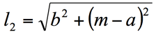 Expresses the length of cable 2 as function of the location of the end effector: Length of cable 2 is the square root of b square plus, m minus a square