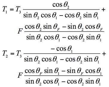 Expresses the tensions in the two cables as function of the tension in the third cable and the force applied by the user:
The equation has two terms:
Eq 8-a Term 1 numerator: cosine theta 2
Eq 8-a Term 1 denumerator: sine theta 2 cosine theta 1 minus cosine theta 2 sine theta 1
Eq 8-a Term 2 numerator: cosine theta 2 sine theta f minus cosine theta f sine theta 2
Eq 8-a Term 1 denumerator: sine theta 2 cosine theta 1 minus cosine theta 2 sine theta 1
Eq 8-a:  T sub 1 equals to T sub 3 multiply by term 1 plus F multiply by term 2

Eq 8-b Term 1 numerator: minus cosine theta 1
Eq 8-b Term 1 denumerator: sine theta 2 cosine theta 1 minus cosine theta 2 sine theta 1
Eq 8-b Term 2 numerator: cosine theta f sine theta 1 minus sine theta f cosine theta 1
Eq 8-b Term 1 denumerator: sine theta 2 cosine theta 1 minus cosine theta 2 sine theta 1
