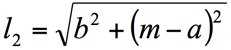 Expresses the length of spring 2 as function of the location of the end effector: Length of cable 2 is the square root of b square plus, m minus a square