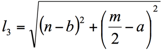 Expresses the length of spring 3 as function of the location of the end effector: Length of cable 3 is the square root of, n minus b square, plus half m minus a square