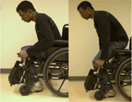 Photographs of subject using handle to assist with sit to stand. In both pictures the handle has been raised and the footrest has been retracted. The left image shows a person flexing their trunk, and getting ready to rise. The right image shows the person pushing on the handles, halfway to a standing position.