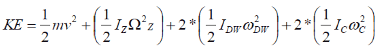This equation demonstrates the calculation of kinetic energy. KE is the total kinetic energy, m is the mass of the occupied wheelchair, v is the speed of the occupied wheelchair, I is the moment of inertia of the occupied wheelchair (z), drive wheels (dw), and casters (c),  is the rotation rate of the drive wheels and casters,  is the yaw rate of the occupied wheelchair.  